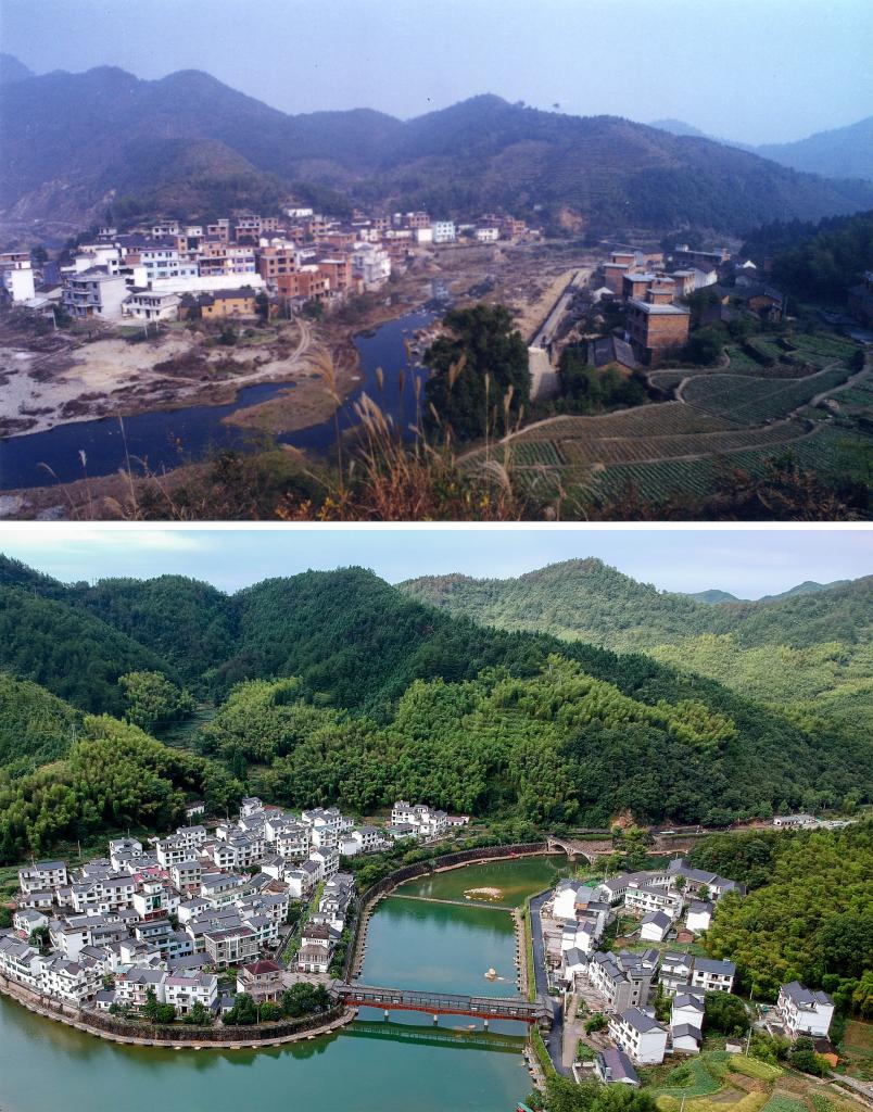 圖為浙江省杭州市淳安縣楓樹(shù)嶺鎮(zhèn)下姜村拼版圖，其中上圖為資料照片、下圖由新華社記者張鋮攝。